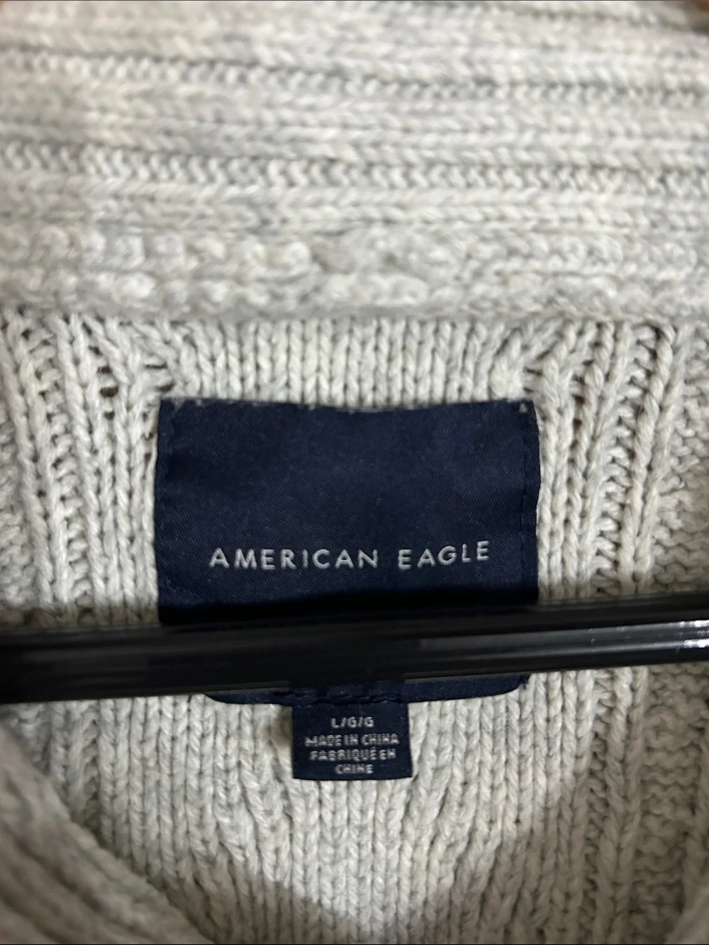 American Eagle Men’s Shawl Collar Cable V-Neck Sweater - Light Gray L